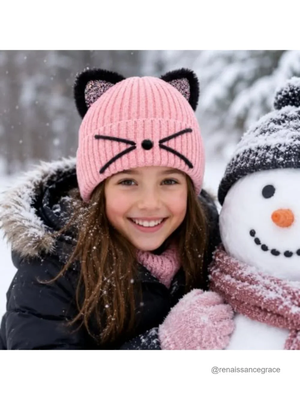 Girls Sequin Cat Ears Knitted Winter Beanie Hat Stretch Acrylic